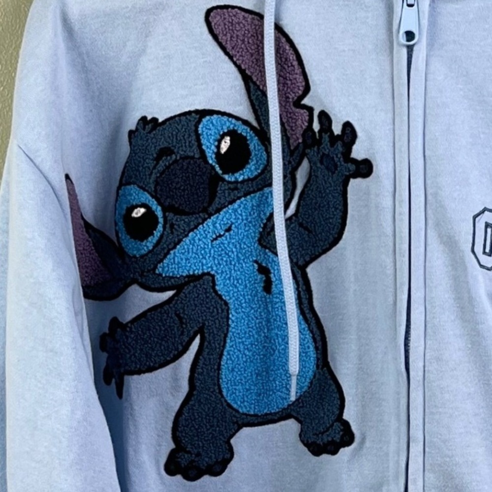 Disney Lilo & Stitch Light Blue Full Zip Hoodie Embroidered Chenille Patches XL - Picture 2 of 9